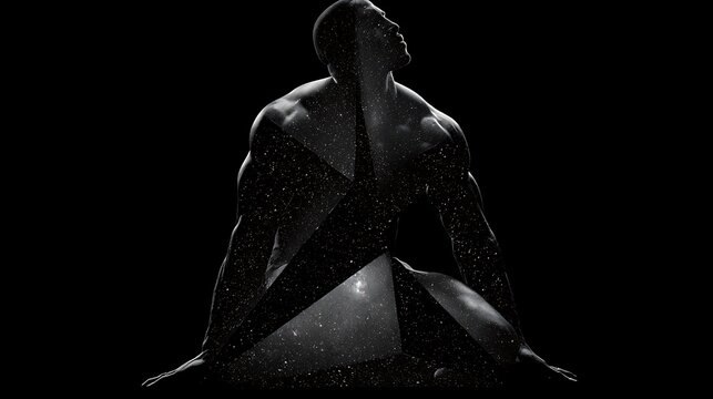 Prompt: A powerful fine-art double exposure portrait. A stark black silhouette of a muscular titan kneeling is filled with a symbolic landscape of the starry sky being folded like a clean piece 