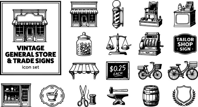 Vintage General Store and Trade Sign Halftone Stipple Icon Set with General Store Facade, Barber Pole, Cash Register and Apothecary Trade Sign, 15 Icons for Heritage Brand and Retro Design, Stipple 