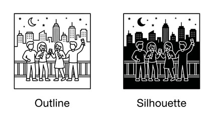 Urban Nightlife with Friends: A group of friends enjoys a vibrant night out in the city, capturing memories with smartphones against a backdrop of illuminated skyscrapers and a crescent moon.
