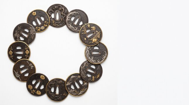 Collection of carved metal Japanese samurai katana tsuba handguards in a circle