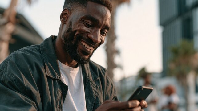 Young black man with beard and dimples smiling while using smartphone outdoors