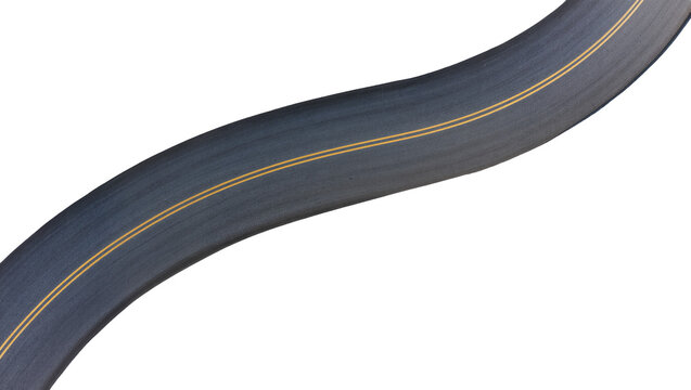 Curving asphalt road with double yellow lines, isolated on transparent background