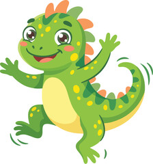 Fototapeta premium A cute cartoon iguana character, a playful green reptile with yellow spots, jumping with joy in a fun cartoon vector