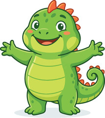 Naklejka premium A cute cartoon iguana character, a friendly green reptile with an open-armed greeting, presented as a vibrant vector