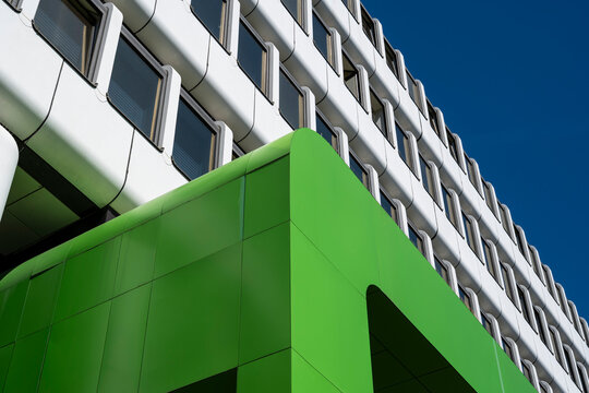 Modern green and white commercial building facade in Dortmund