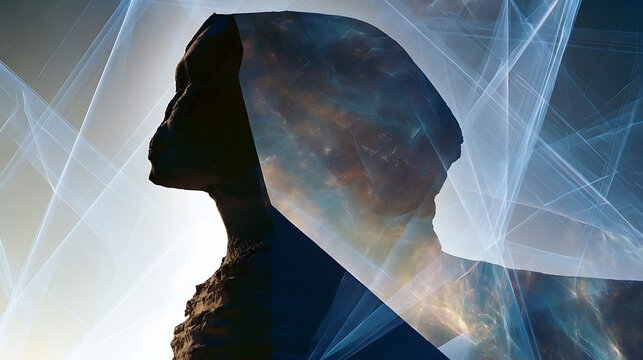 Prompt: A powerful fine-art double exposure portrait. A sharp silhouette profile of a sitting Egyptian sphinx is double-exposed with a symbolic cosmic landscape of a multi-dimensional tesseract, 