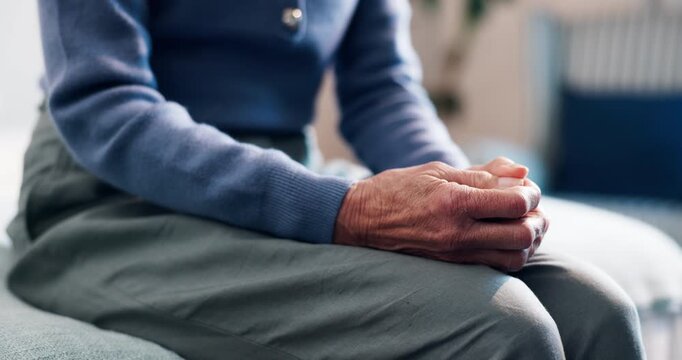 Thinking, bedroom and hands of senior person with reflection, nervous and anxiety for dementia. Retirement, home and woman with worry, thoughtful and concern for Alzheimers, memory loss and health