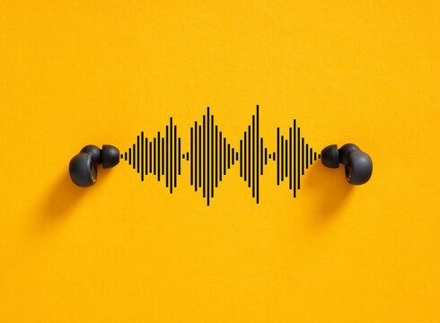 Black wireless earbuds with sound waves on yellow background