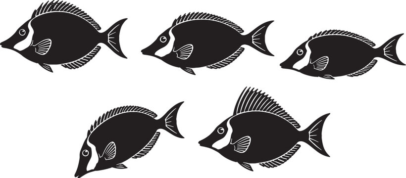 Foxface Rabbitfish Silhouette Icon Set Black Vector Tropical Marine Fish Collection Isolated on White Background