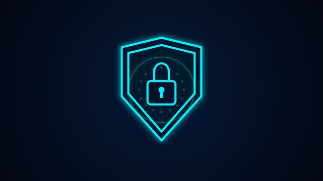 Glowing neon blue cyber security shield and padlock icon for data protection concept