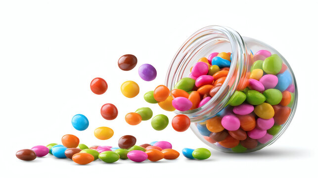 Colorful candy coated chocolate drops spilling from a glass jar on a white background. Sweet and playful concept for kids parties, celebrations and advertising.