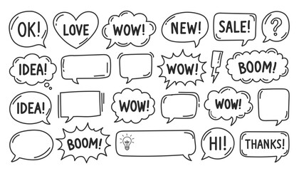 Collection of handdrawn speech bubbles and thought clouds with various text expressions, a for comic design © SUMSULHASAN