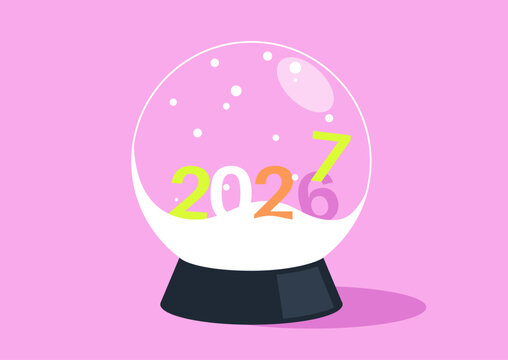 Within a glistening crystal ball, snowflakes dance softly around as the number 2026 transitions gracefully into 2027, capturing a magical moment that beautifully blends the passage of time