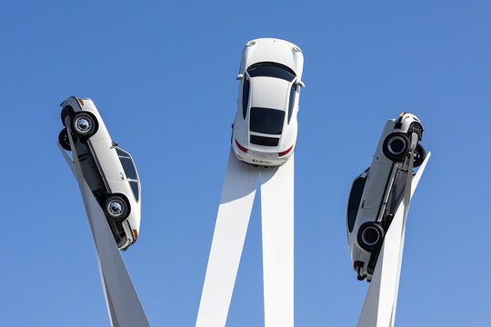 Porsche 911 cars art artwork at Porscheplatz in Stuttgart-Zuffenhausen in Stuttgart, Germany