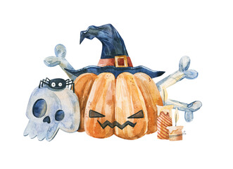 Watercolor spooky halloween composition with carved pumpkin wearing witch hat skull spider bones and candles isolated on white background