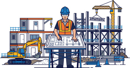 Fototapeta premium Construction Engineering Site Illustration with Architect, Blueprint, Crane, and Building Development Vector