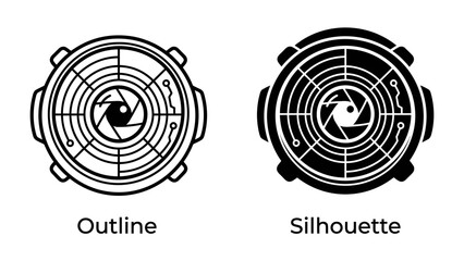 Technology Radar Icon Set: A clean outline and a striking silhouette icon representing a futuristic radar system with a camera lens at its core. © Abdul