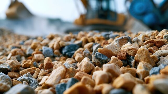 A pile of aggregate stones with heavy machinery in the