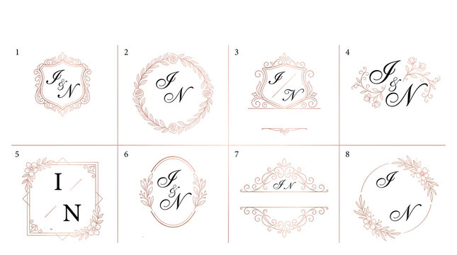 Elegant luxury wedding monogram designs by alevidhanu. Collection of intertwined initials (J & N) with ornate frames and floral accents, ideal for custom branding
