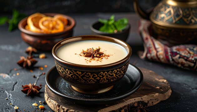 Chal traditional fermented milk. Authentic creamy white yogurt beverage sprinkled with natural brown spices in a dark ornate bowl.