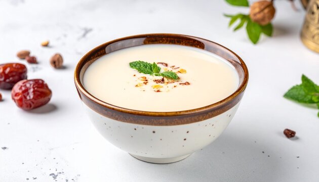 Chal creamy yogurt mint soup. Traditional fermented white milk beverage beautifully garnished with fresh mentha mint leaves on top.
