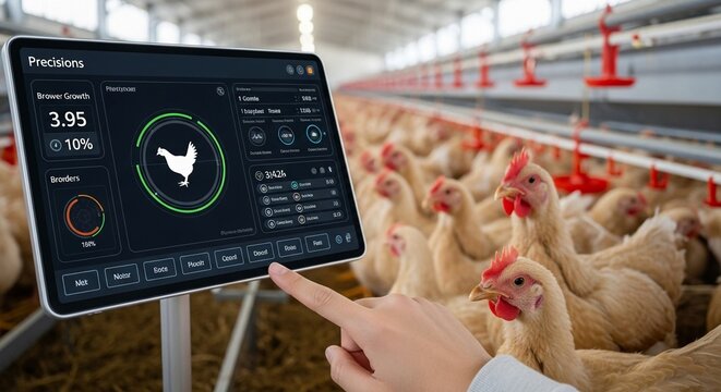Modern Farm Technology: Hand Interacting With Digital Livestock Monitoring Screen Overlooking Chickens