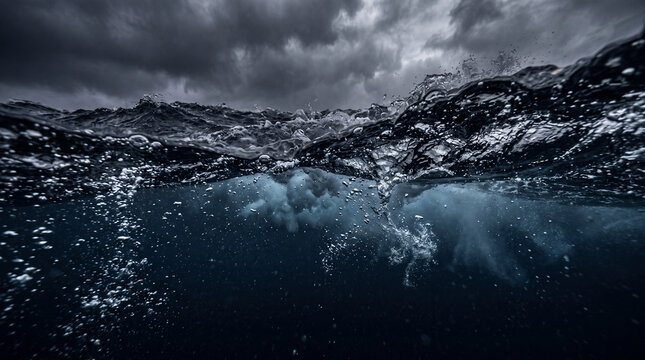 Dramatic Under Water View of Rough Ocean Waves and Turbulent Deep Sea Water with Trapped Air Bubbles Beneath a Dark Stormy Sky with Heavy Clouds