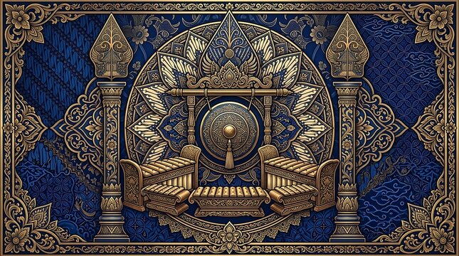 Golden gamelan musical instruments on an ornate blue batik background