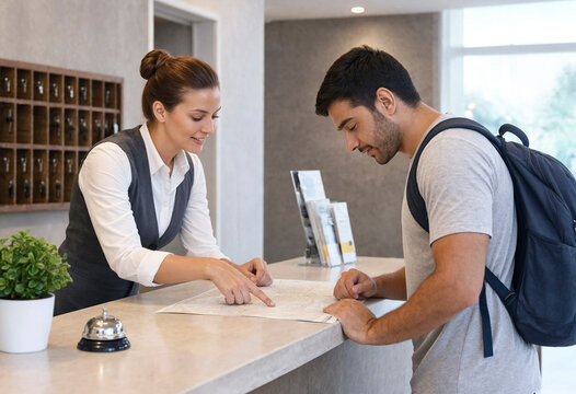 A receptionist guides a male traveler as they point at a map on the hotel front desk. The interaction shows customer service and travel assistance in a modern lobby.