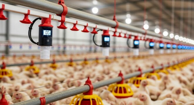 Modern poultry farm with automated feeding and watering systems monitoring chicken health and environment