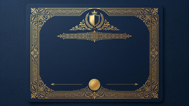 Elegant gold-framed certificate on navy blue background. Luxury award diploma with ornate border and blank center for customization.