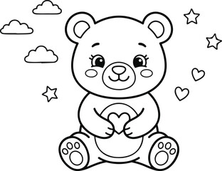 Fototapeta premium Cute teddy bear holding a heart, coloring page for kids