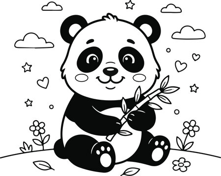 Cute panda bear sitting and holding a bamboo branch, coloring page for kids