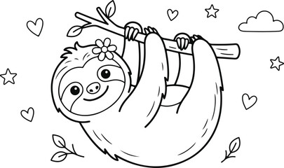 Obraz premium Cute cartoon sloth hanging on a branch