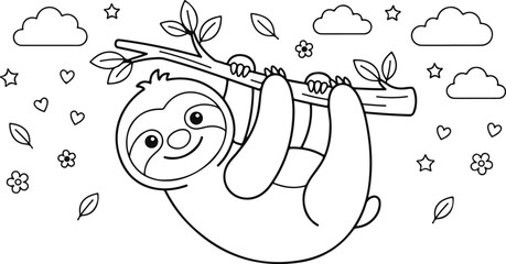 Obraz premium Cute cartoon sloth hanging on a branch with clouds, coloring page for kids