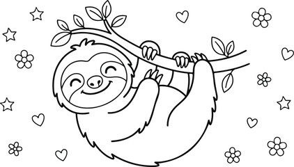 Obraz premium Cute cartoon sloth hanging on a branch, coloring page for kids