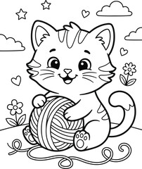 Fototapeta premium Cute cartoon kitten playing with a ball of yarn, coloring page for kids