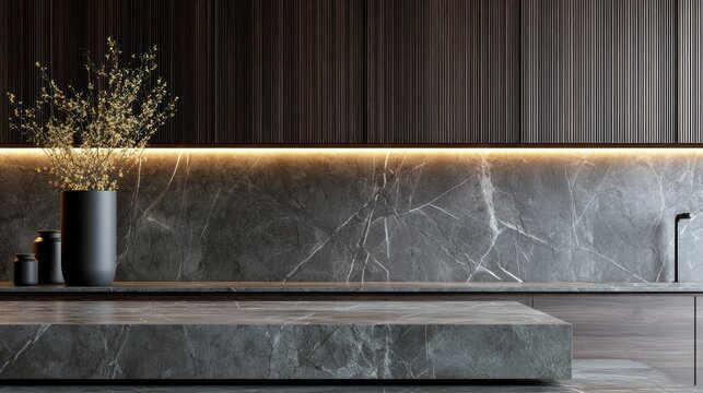 Modern dark kitchen with marble backsplash and LED lighting.