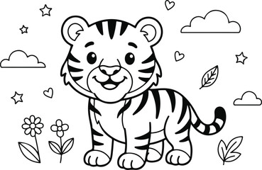 Fototapeta premium Cute cartoon tiger cub standing in a meadow with flowers and stars