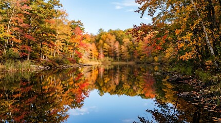 Vibrant autumn forest foliage reflecting in a calm lake © foi