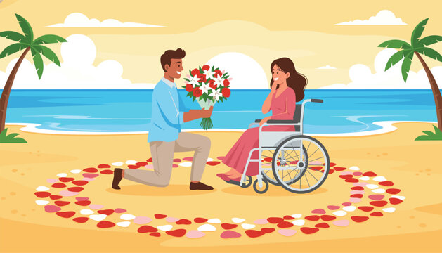 Romantic scene of a man kneeling and proposing to a woman in a wheelchair on a tropical beach surrounded by a heart of flower petals.