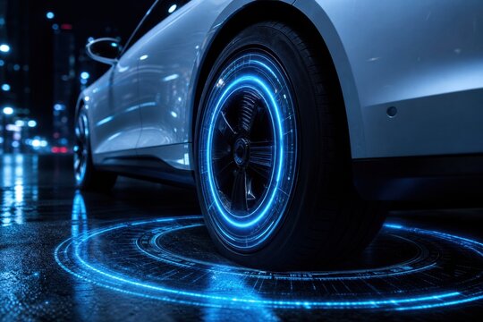Conceito de carro el&eacute;trico aut&ocirc;nomo e mobilidade inteligente. O detalhe da roda de um ve&iacute;culo branco futurista projetando an&eacute;is de luz azul hologr&aacute;fica no asfalto molhado de uma cidade &agrave; noite.