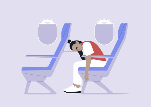 Head resting on a tray table, a weary traveler drifts into deep sleep, surrounded by empty seats and the gentle hum of engines, as the airplane soars gracefully through the sky.