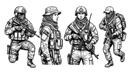 Fototapeta premium Set of soldiers in combat gear. Military infantry troops in tactical uniform illustration.