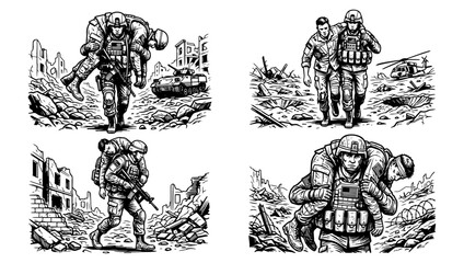 Fototapeta premium Soldiers rescuing wounded comrade in war. Military troops carrying injured soldier in battle.
