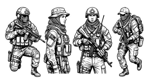 Set of soldiers in combat gear. Military infantry troops in tactical uniform illustration.