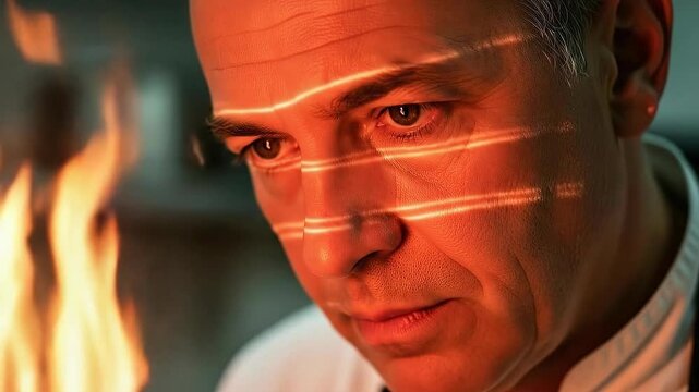 Chef works near fire as red and orange highlights move across his face in kitchen