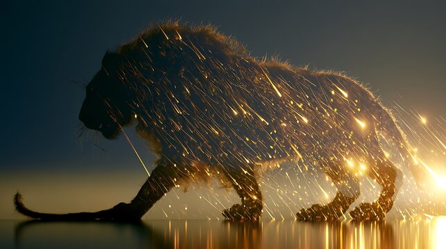 Prompt: A psychological conceptual shot of danger. A sharp silhouette profile of a manticore is double-exposed with a dramatic landscape of an intense meteor shower, with dozens of brilliant 