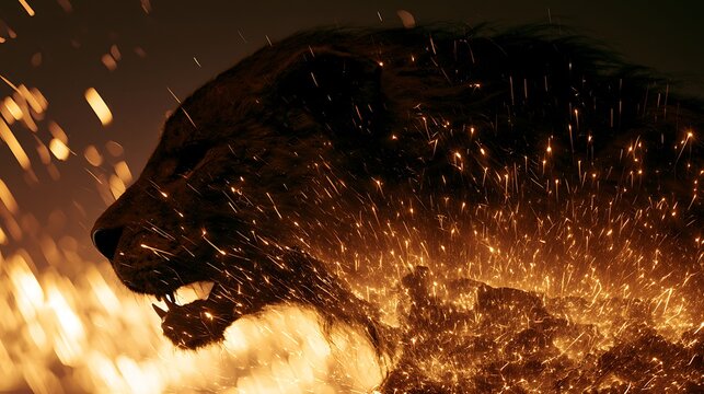 Prompt: A psychological conceptual shot of danger. A sharp silhouette profile of a manticore is double-exposed with a dramatic landscape of an intense meteor shower, with dozens of brilliant 