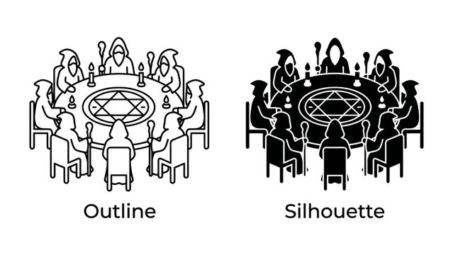 Secret Society Gathering: Two icons depict a clandestine meeting around a circular table, with robed figures and occult symbols suggesting a secret society or ritualistic gathering.